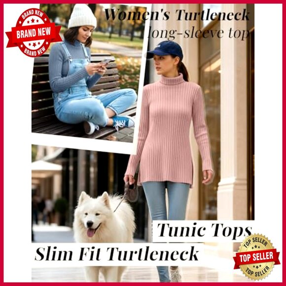 Ribbed Knit Turtleneck Sweaters 3 Pack Lightweight Pullover Side Split Tunic - Picture 6 of 7